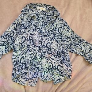 bobi Navy and White Printed Button-Up Blouse